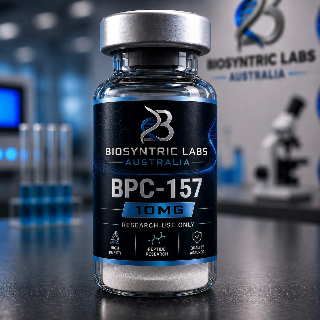 BPC-157 research material vial supplied by BioSyntric Labs Australia